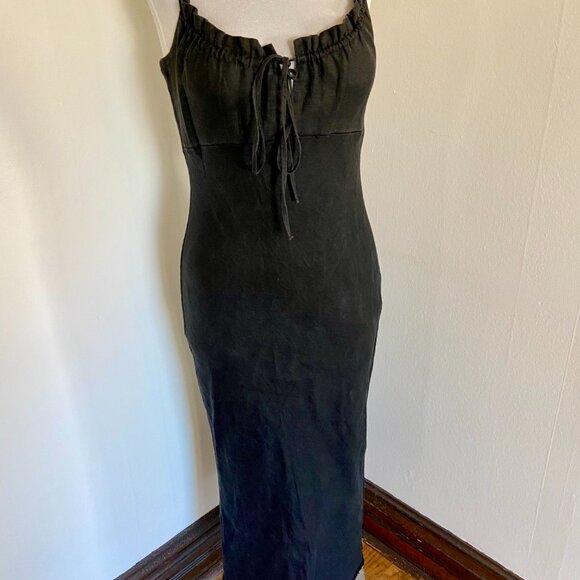 VTG 90s 2000 y2k Black Maxi Midi 100% Linen Milk Maid Dress Potrait Tie Sun Med - Picture 13 of 15